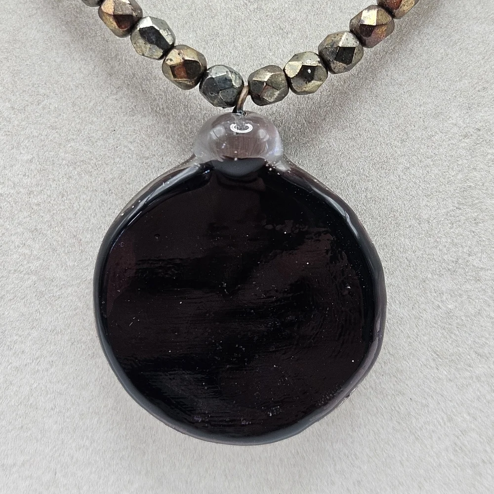 VINTAGE Glass Swirl Pendant Copper Tone Beaded Necklace